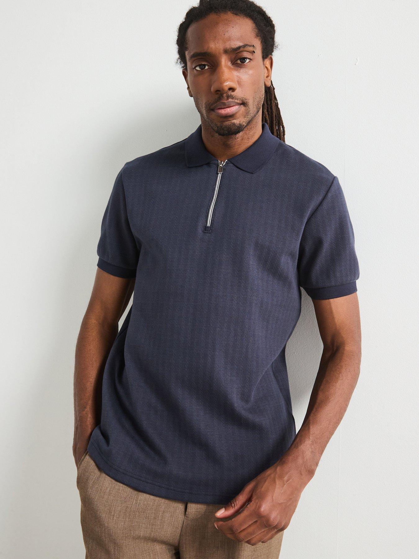 undefined Jacquard Zip Neck Polo Top - Navy