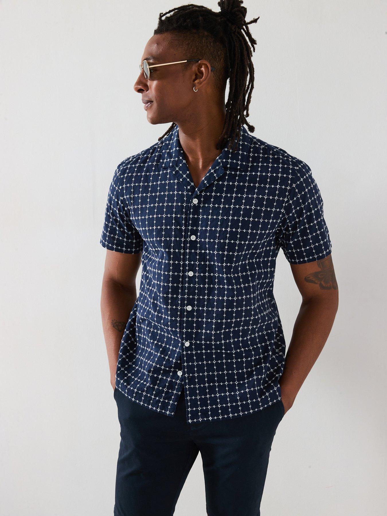 undefined Short Sleeve Revere Embroidery Shirt - Navy