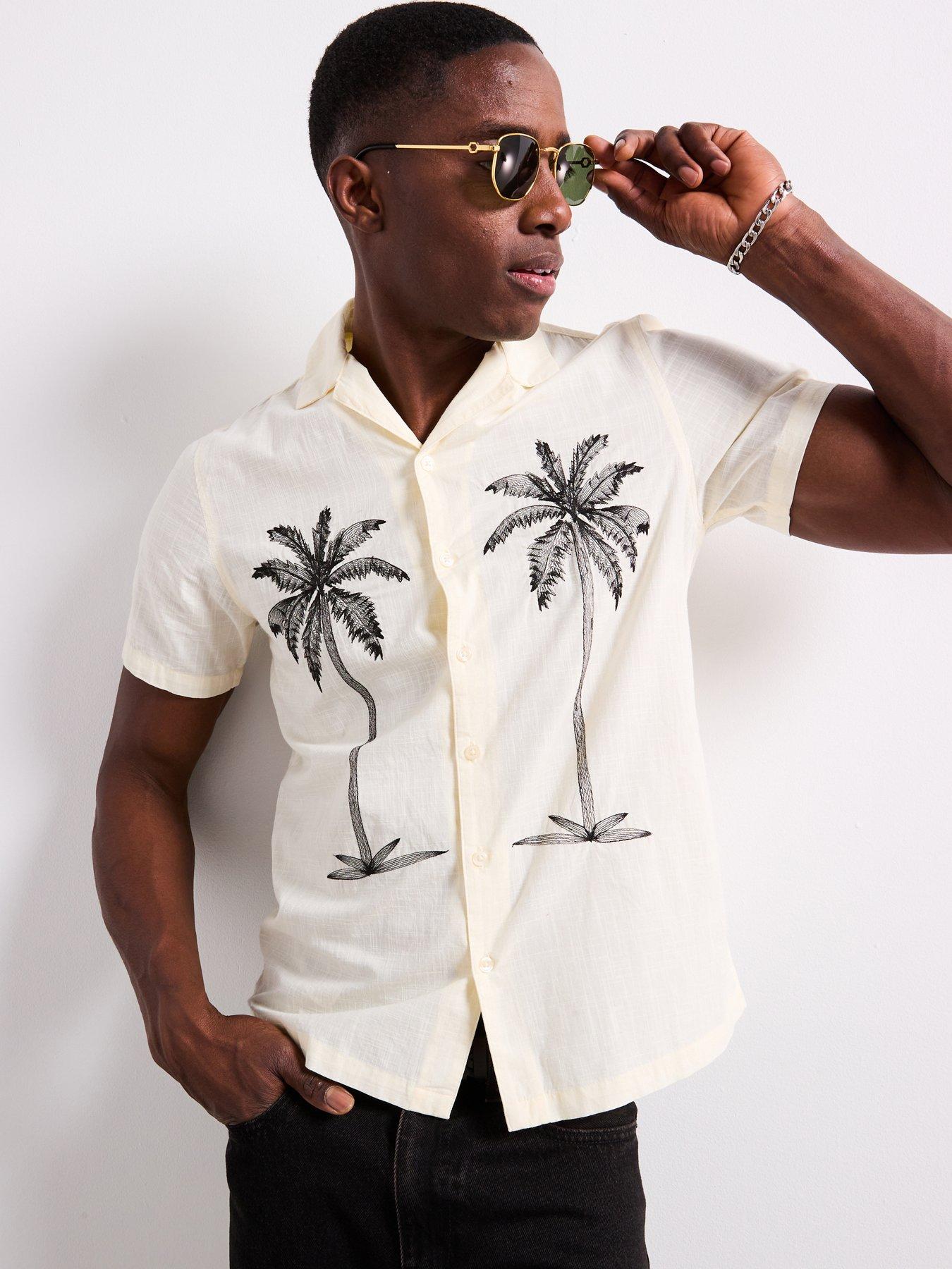 undefined Short Sleeve Revere Palm Embroidery Shirt - Ecru