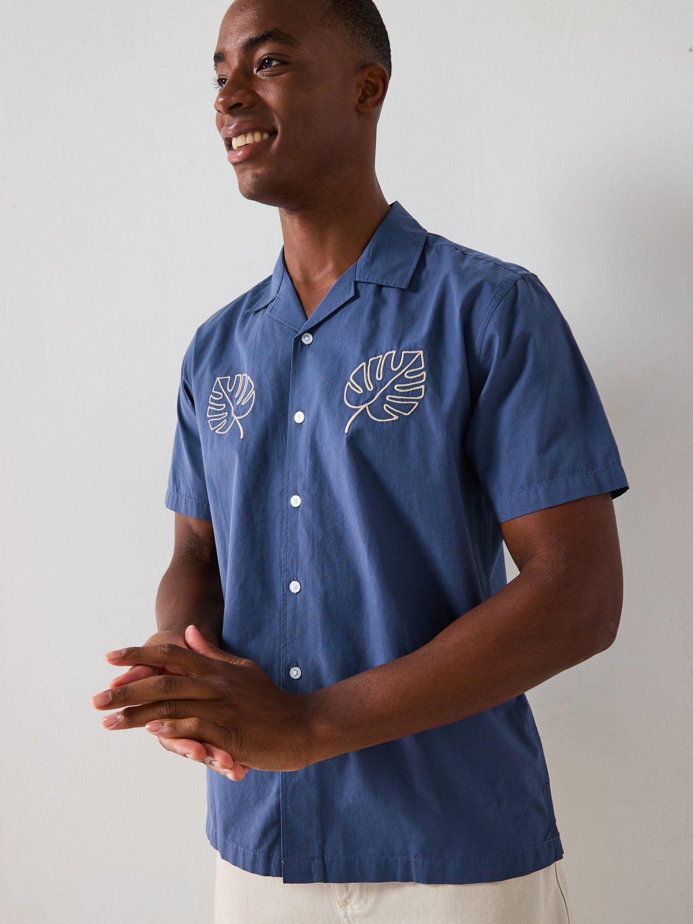 undefined Short Sleeve Revere Leaf Embroidery Shirt - Blue