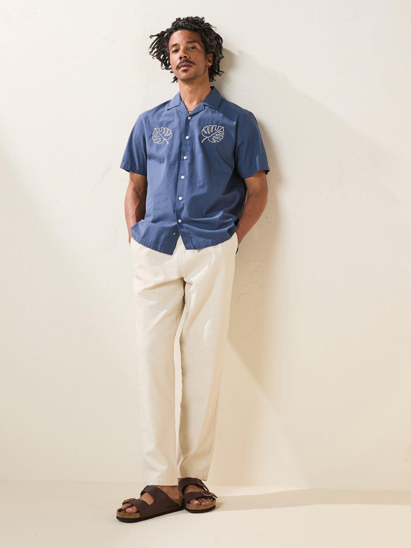 undefined Short Sleeve Revere Leaf Embroidery Shirt - Blue