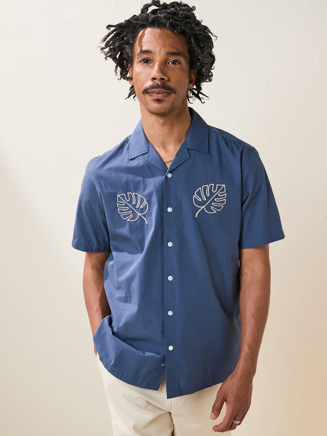 undefined Short Sleeve Revere Leaf Embroidery Shirt - Blue