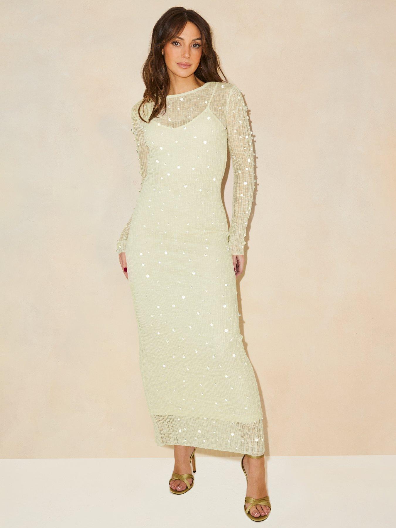 undefined Beaded Long Sleeve Knitted Dress - Green