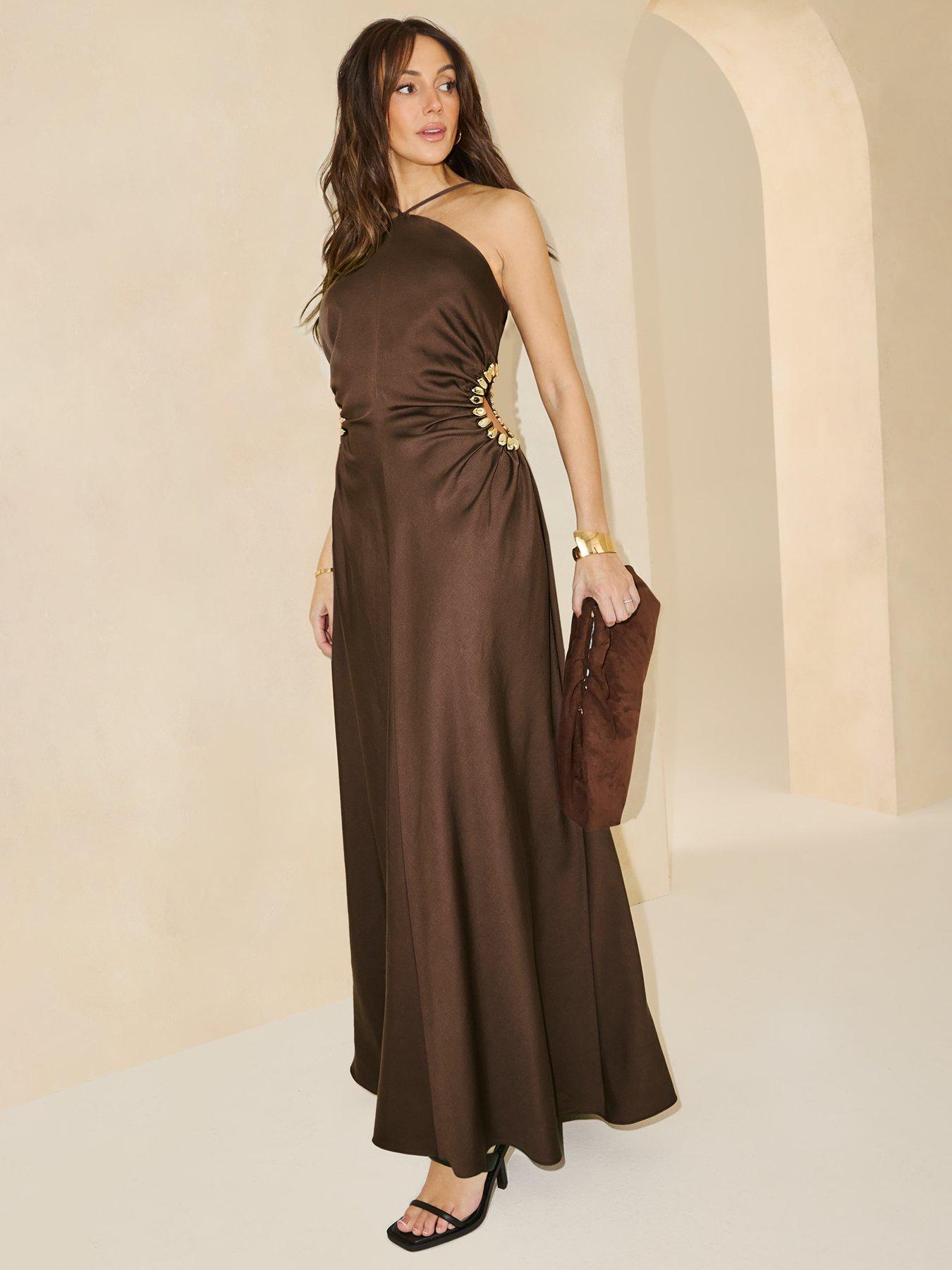 Image 1 of 5 of Michelle Keegan Strappy Cut Out Dress - Brown&nbsp;