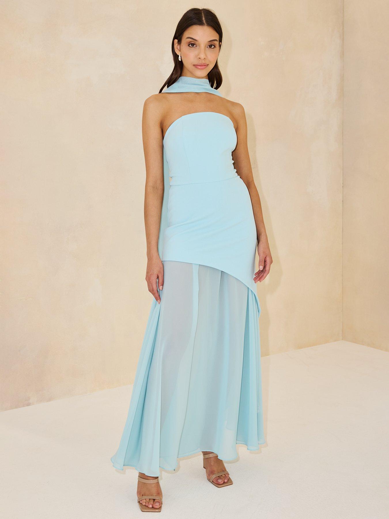 Image 3 of 5 of Michelle Keegan Bandeau&nbsp;Dress with Neck Scarf - Blue