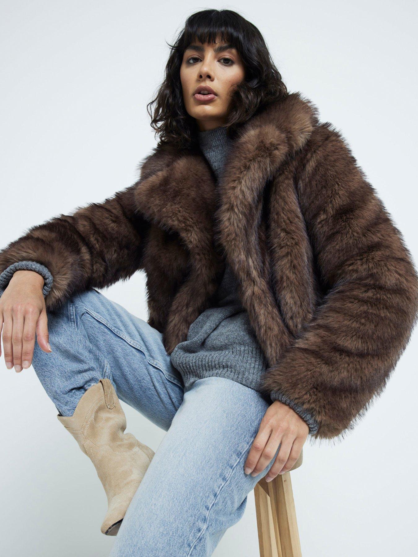 Short Plush Faux Fur Jacket Brown