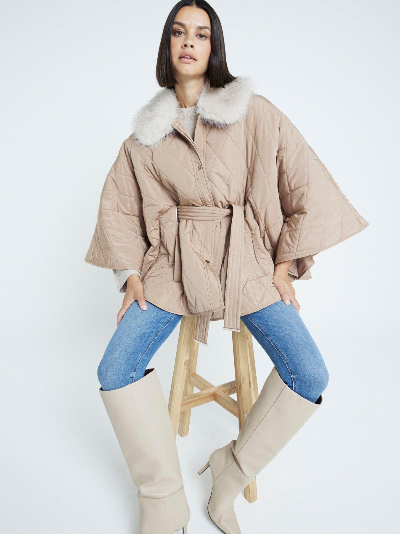 undefined Quilted Cape With Faux Collar - Beige