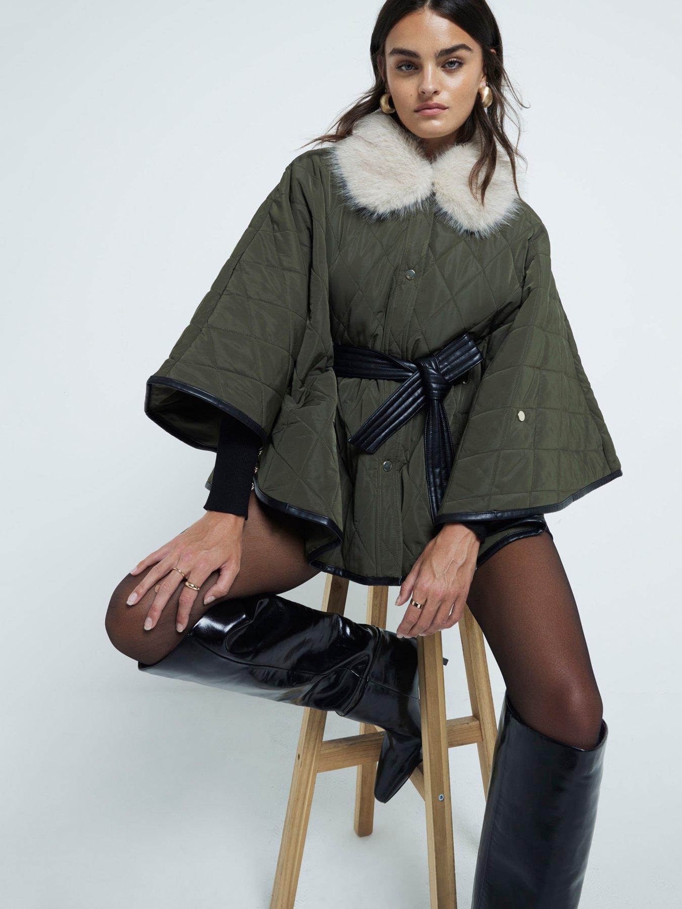 undefined Quilted Cape With Faux Fur Collar - Khaki