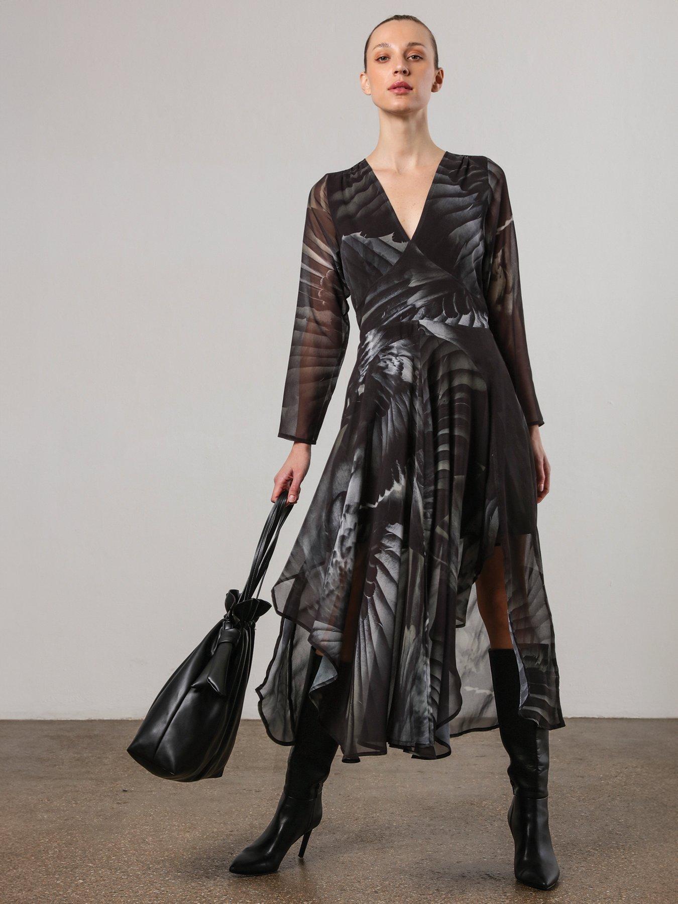 undefined Infinity Long Sleeve Midi Dress With Handkerchief Hem In Hand-painted Prints - Green