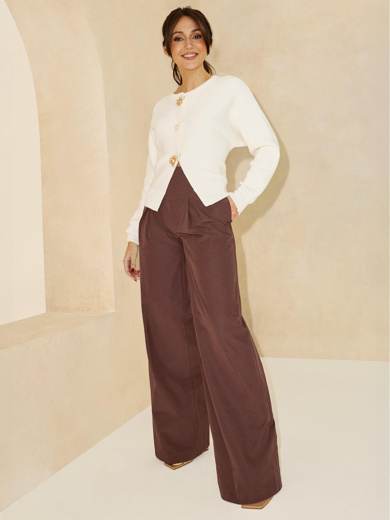 undefined Waistband Wide Leg Trousers - Brown