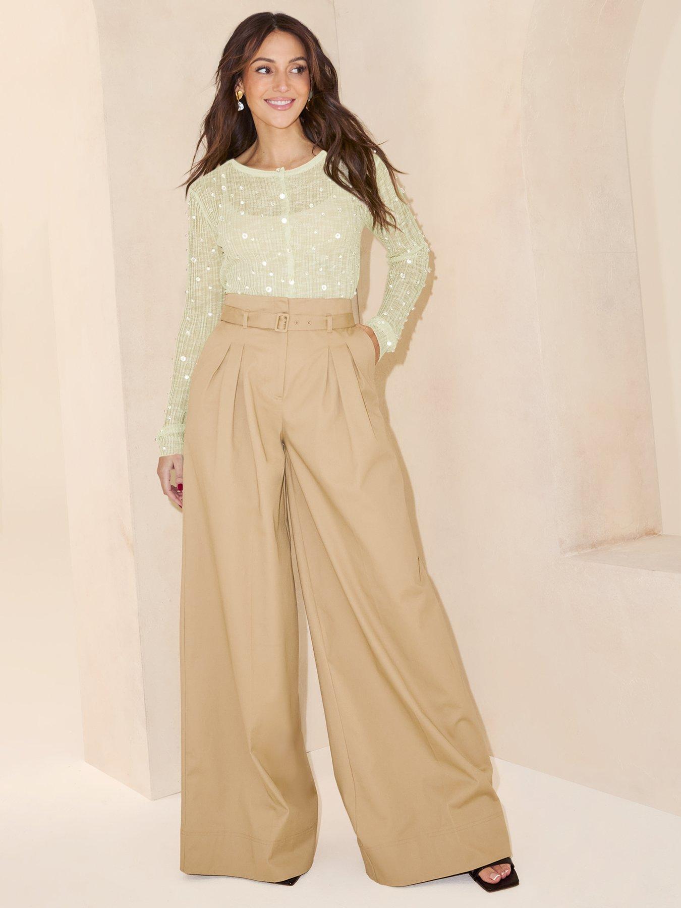 undefined Belted Extra Wide Leg Trousers - Beige