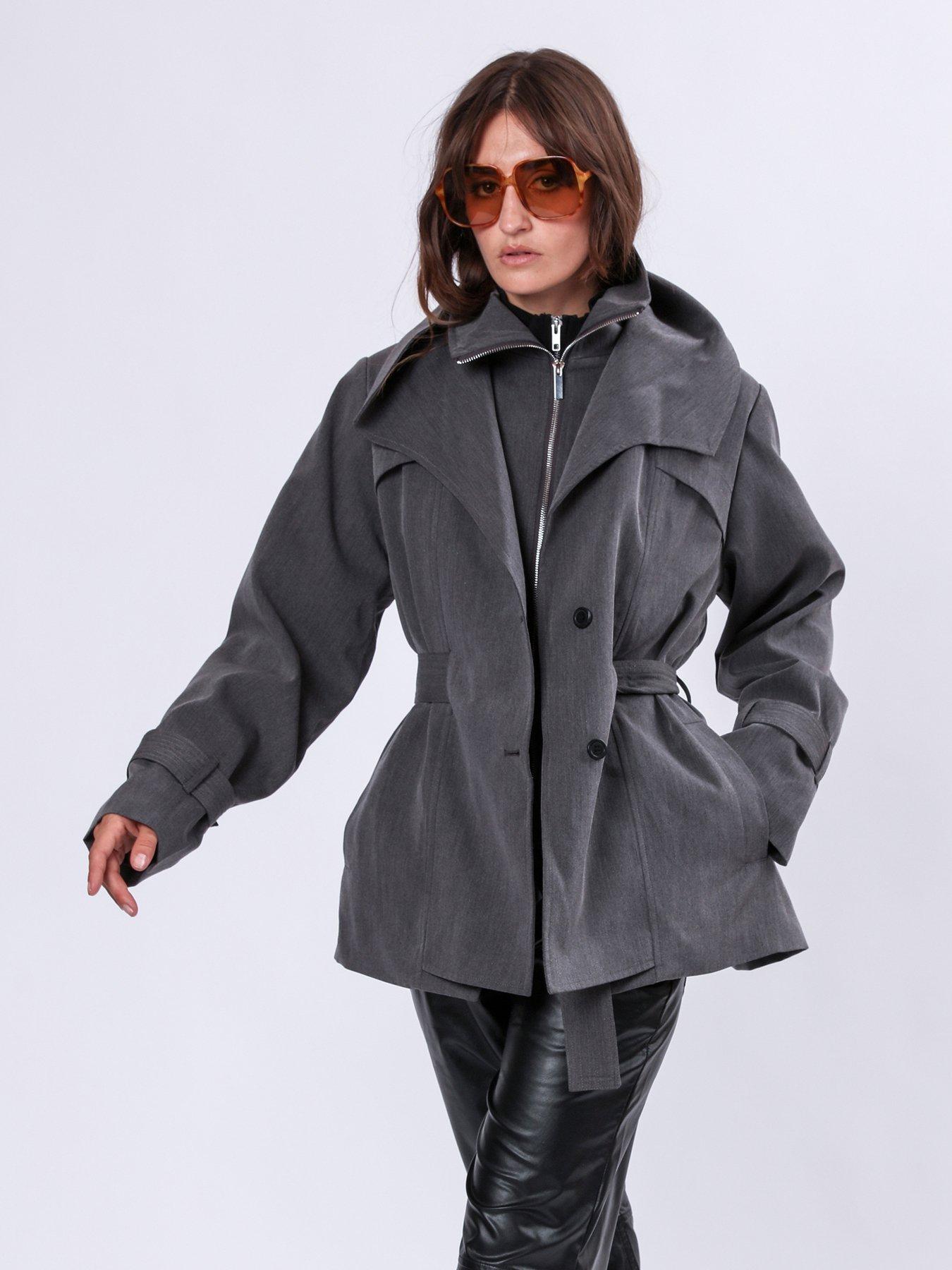 Religion Rhodium Trench Coat With Belt And Double Fastening In Structured Crepe