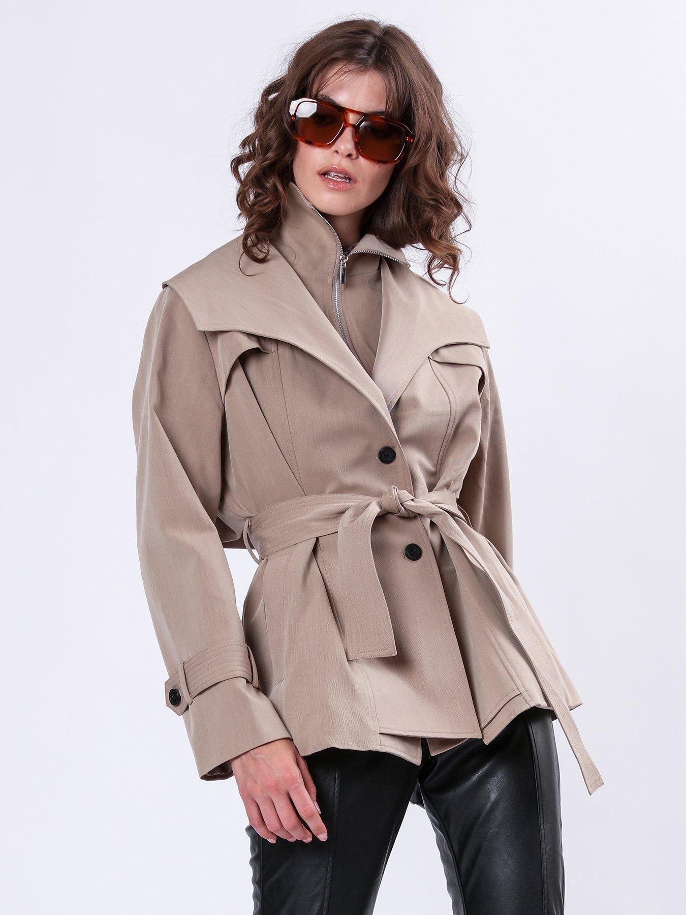 undefined Rhodium Trench Coat With Belt And Double Fastening In Structured Crepe