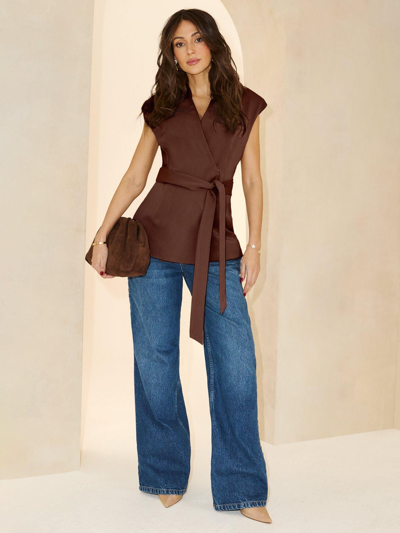 Image 1 of 5 of Michelle Keegan Wrap Over Belt Waistcoat - Brown&nbsp;