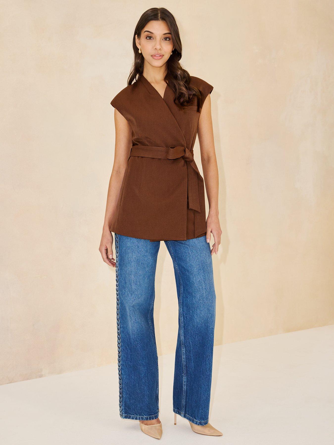 Image 3 of 5 of Michelle Keegan Wrap Over Belt Waistcoat - Brown&nbsp;