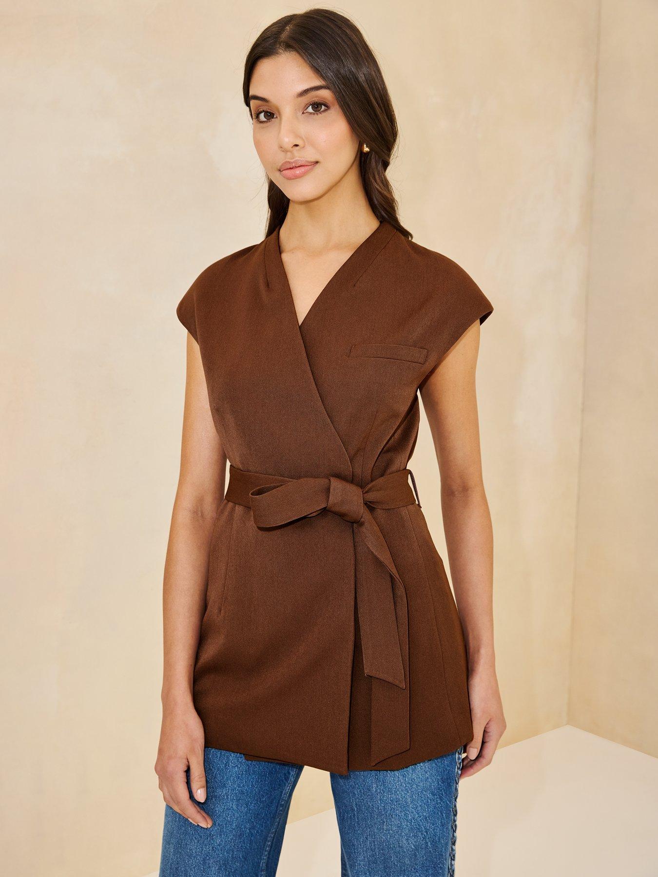 Image 4 of 5 of Michelle Keegan Wrap Over Belt Waistcoat - Brown&nbsp;