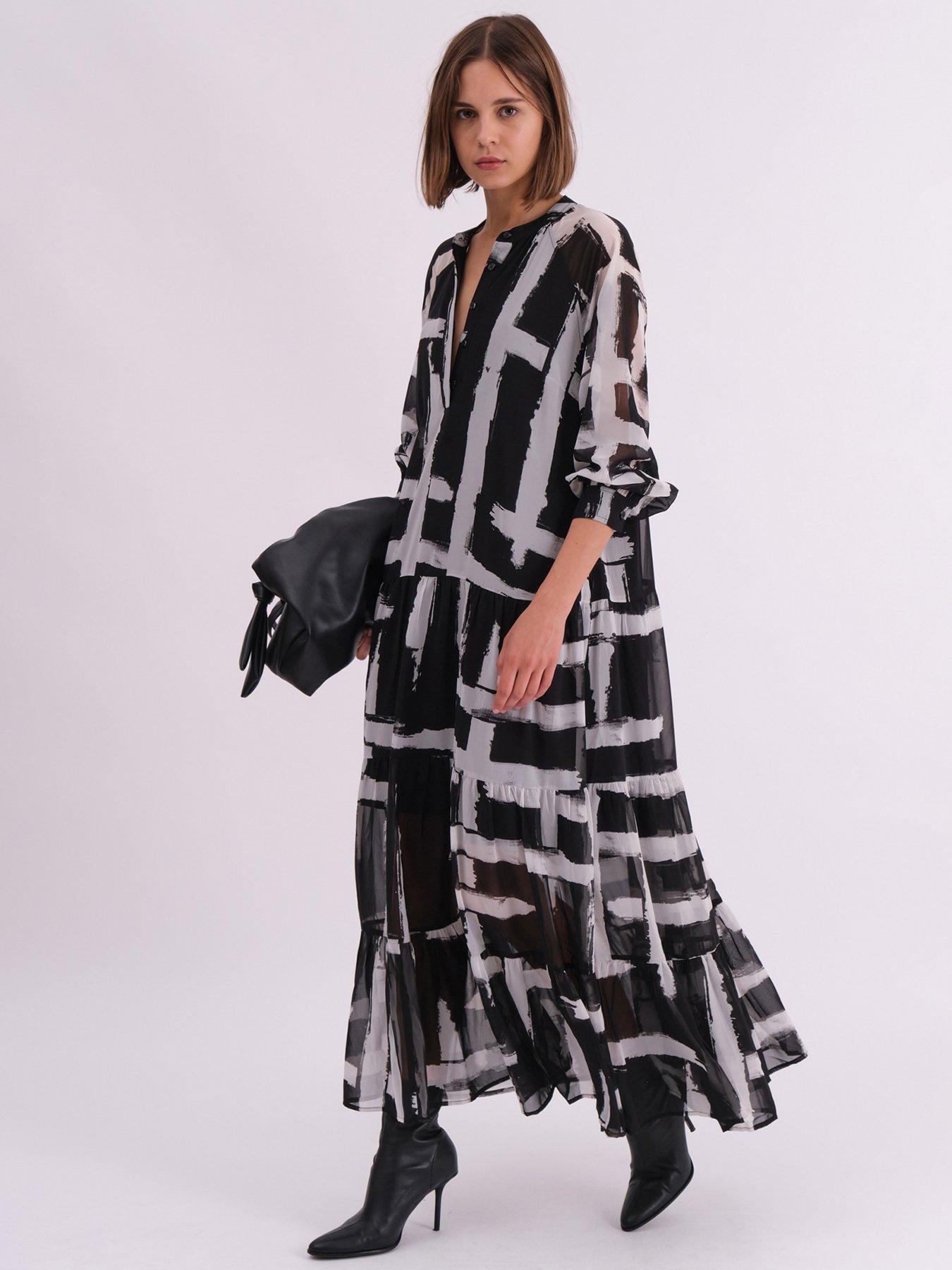 Religion Sunset Maxi Shirt Dress With A Tiered Boho Style Skirt In Abstract Prints Black Very