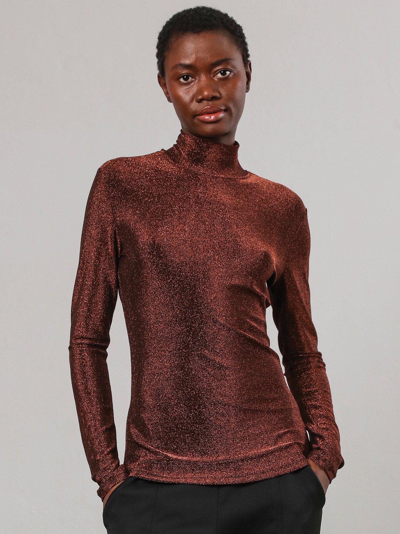 Religion Force Long Sleeve Lurex Roll Neck Top Brown Very