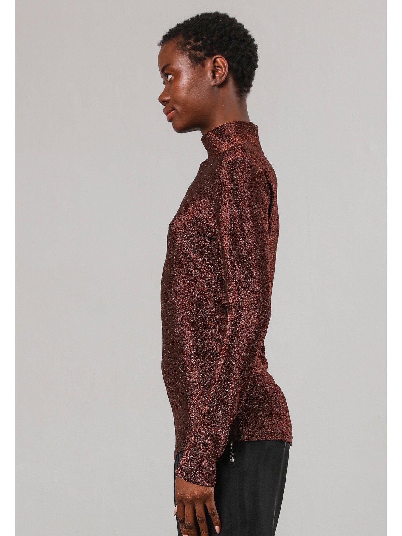 Religion Force Long Sleeve Lurex Roll Neck Top Brown Very