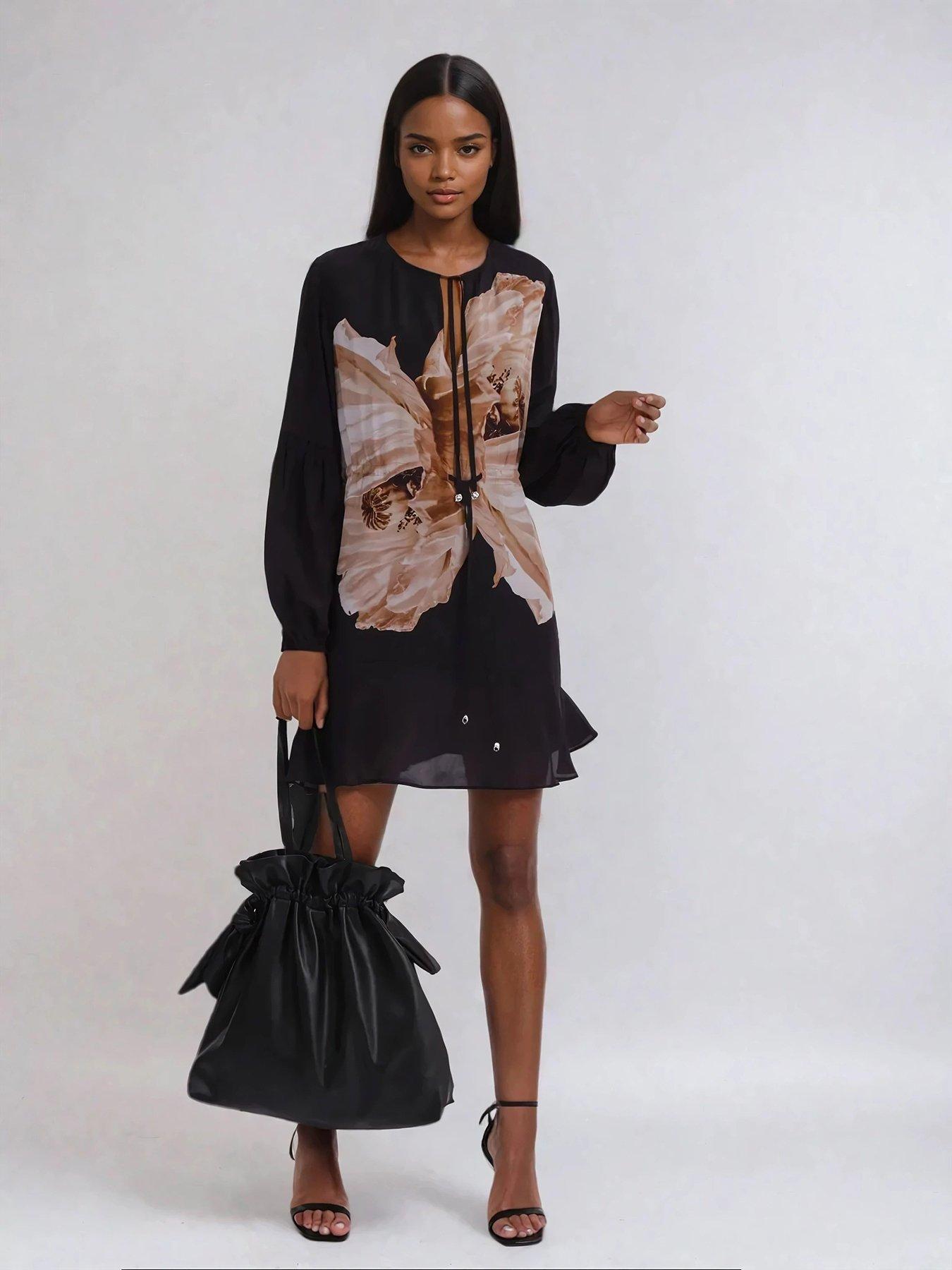 Image 3 of 5 of Religion Twist Mini Dress With Large Placement Prints - Beige/Black