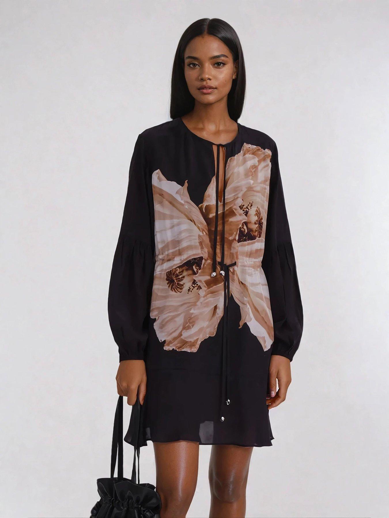 Image 4 of 5 of Religion Twist Mini Dress With Large Placement Prints - Beige/Black