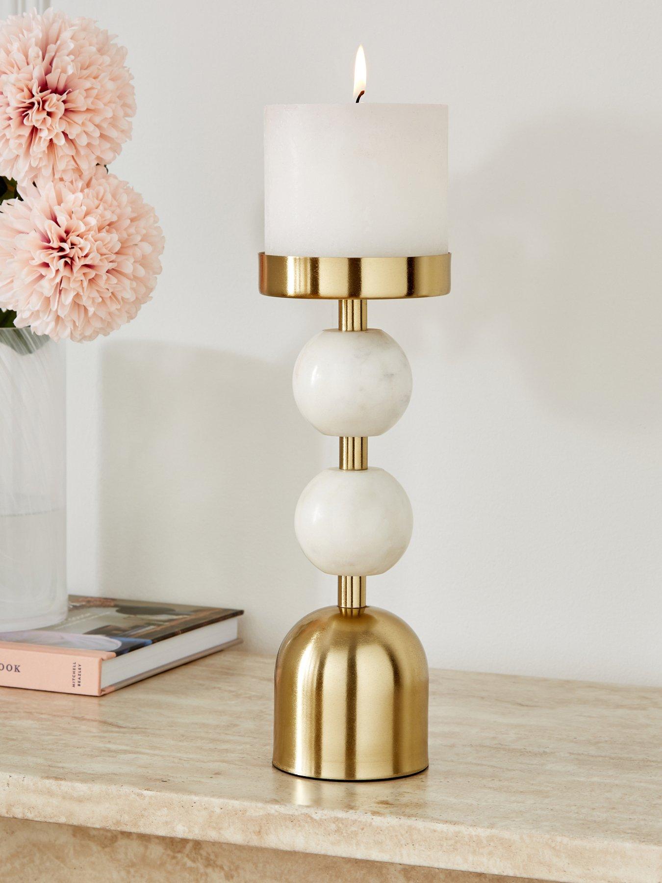 undefined Pillar Candle Holder With Double Bobble Detail - Marble/brass