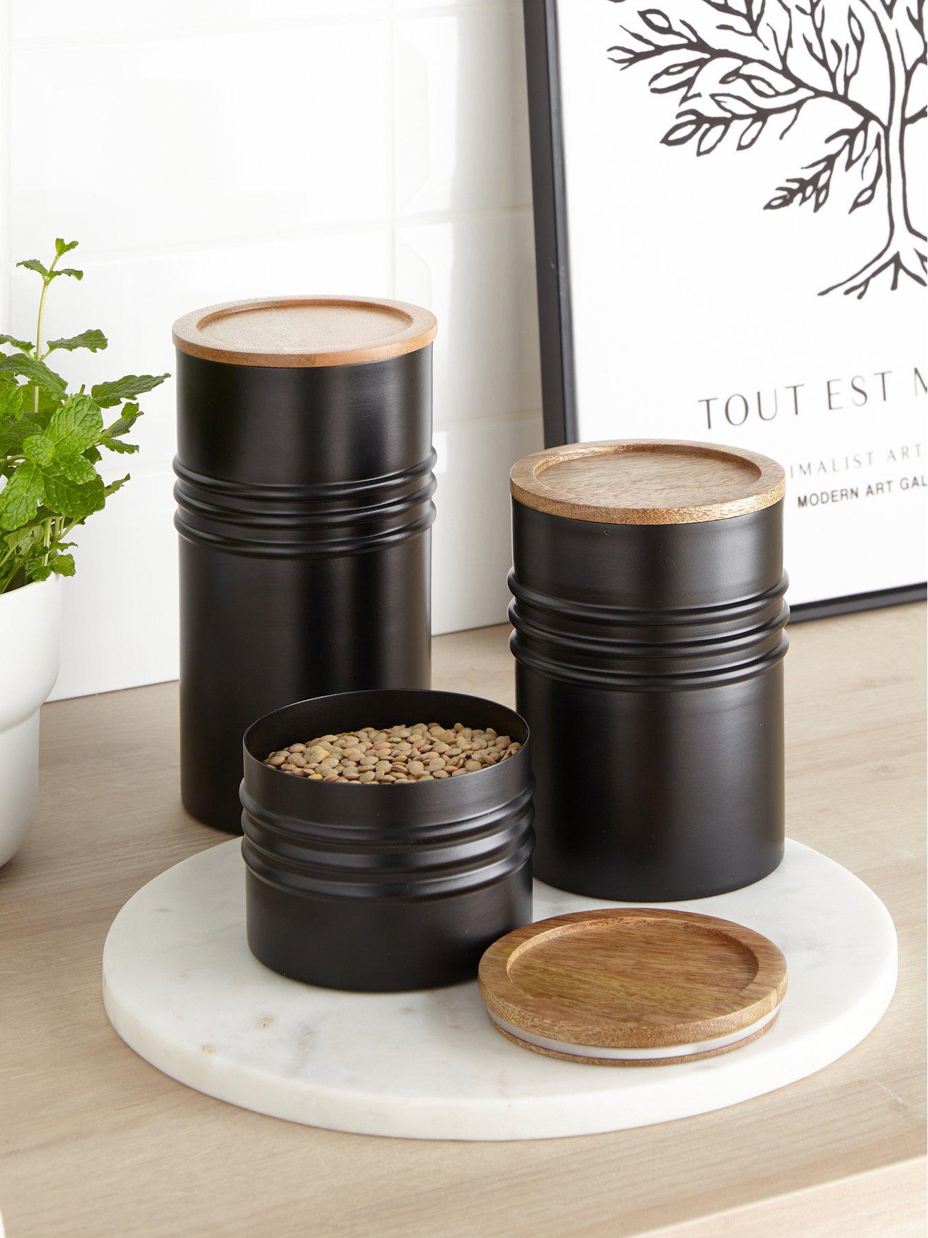 Very Home Set Of 3 Black Half Ribbed Canister