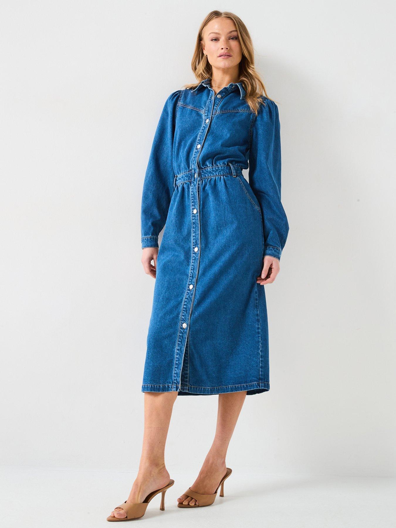 Image 1 of 6 of V by Very Boho Midi Denim Shirt Dress - Dark Wash