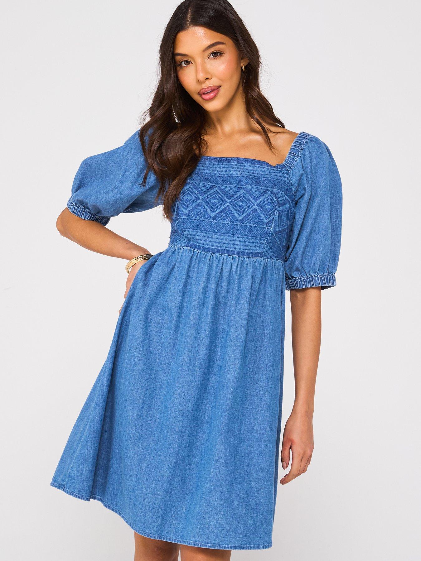 V by Very Embroidered Mini Smock Dress - Mid Wash