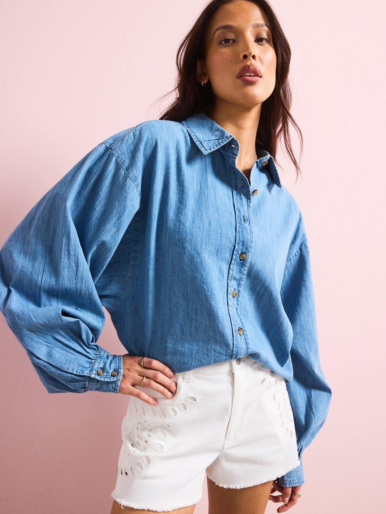 V by Very: Volume Sleeve Soft Denim Shirt - Mid Wash