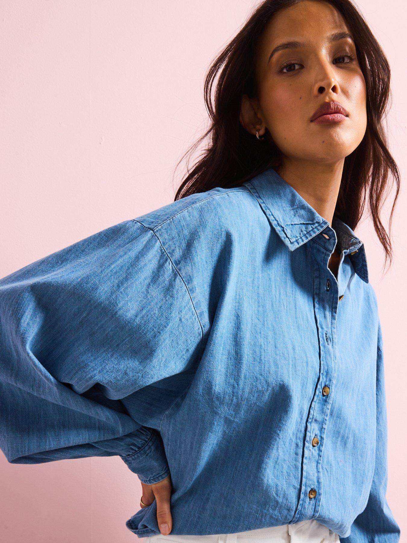 Image 4 of 6 of V by Very Volume Sleeve Soft Denim Shirt - Mid Wash