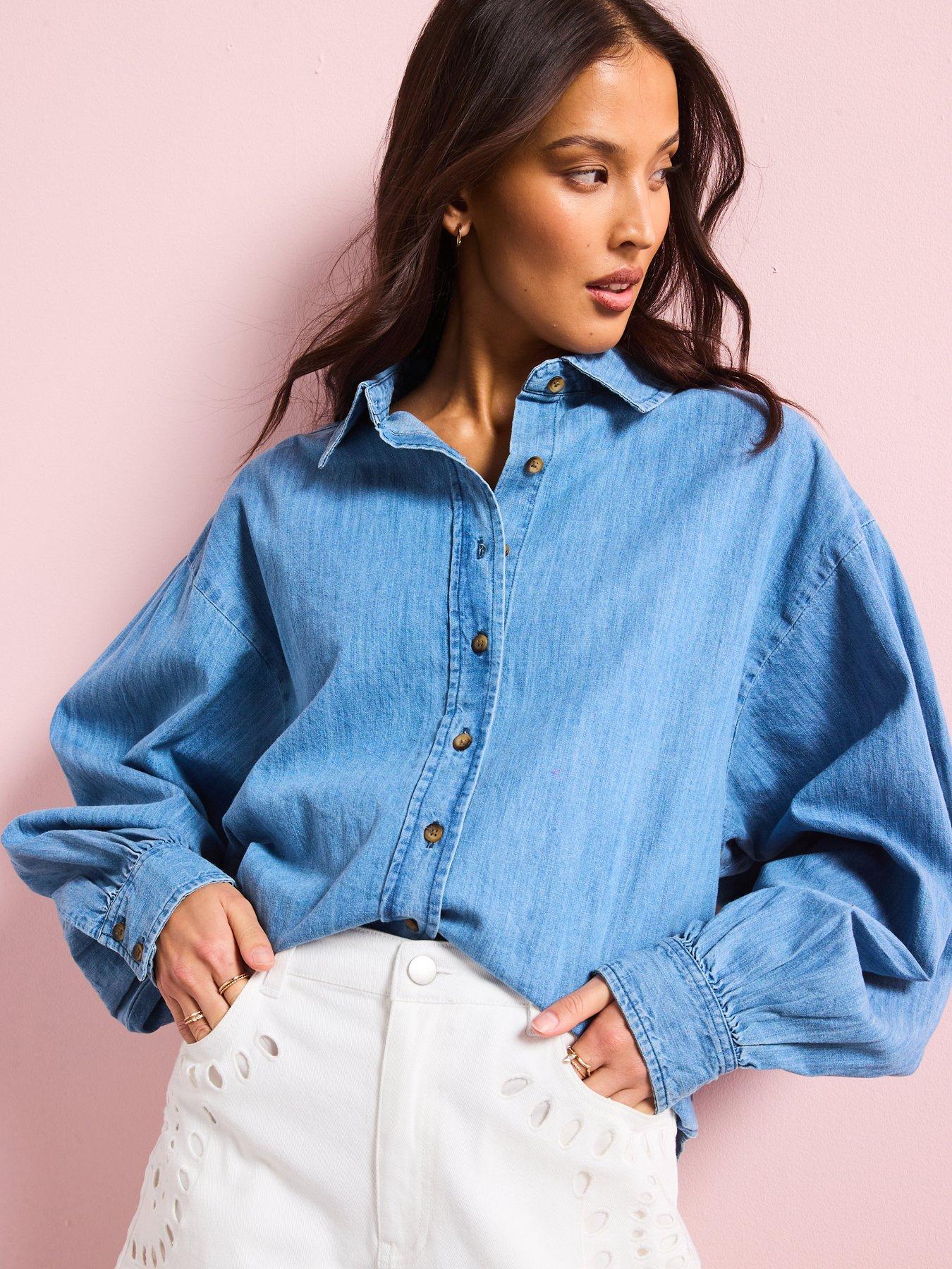 Image 6 of 6 of V by Very Volume Sleeve Soft Denim Shirt - Mid Wash