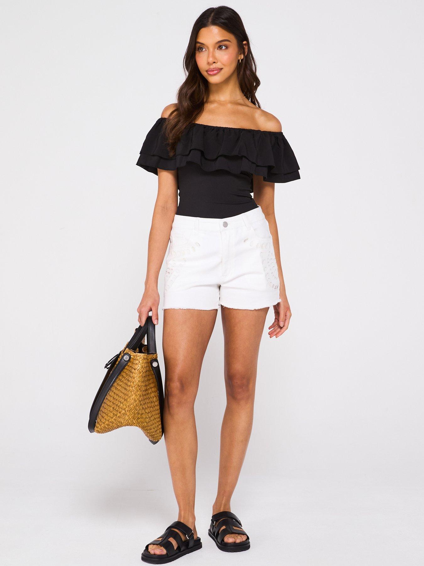 Image 6 of 6 of V by Very Denim Cutwork Embroidery Shorts - White