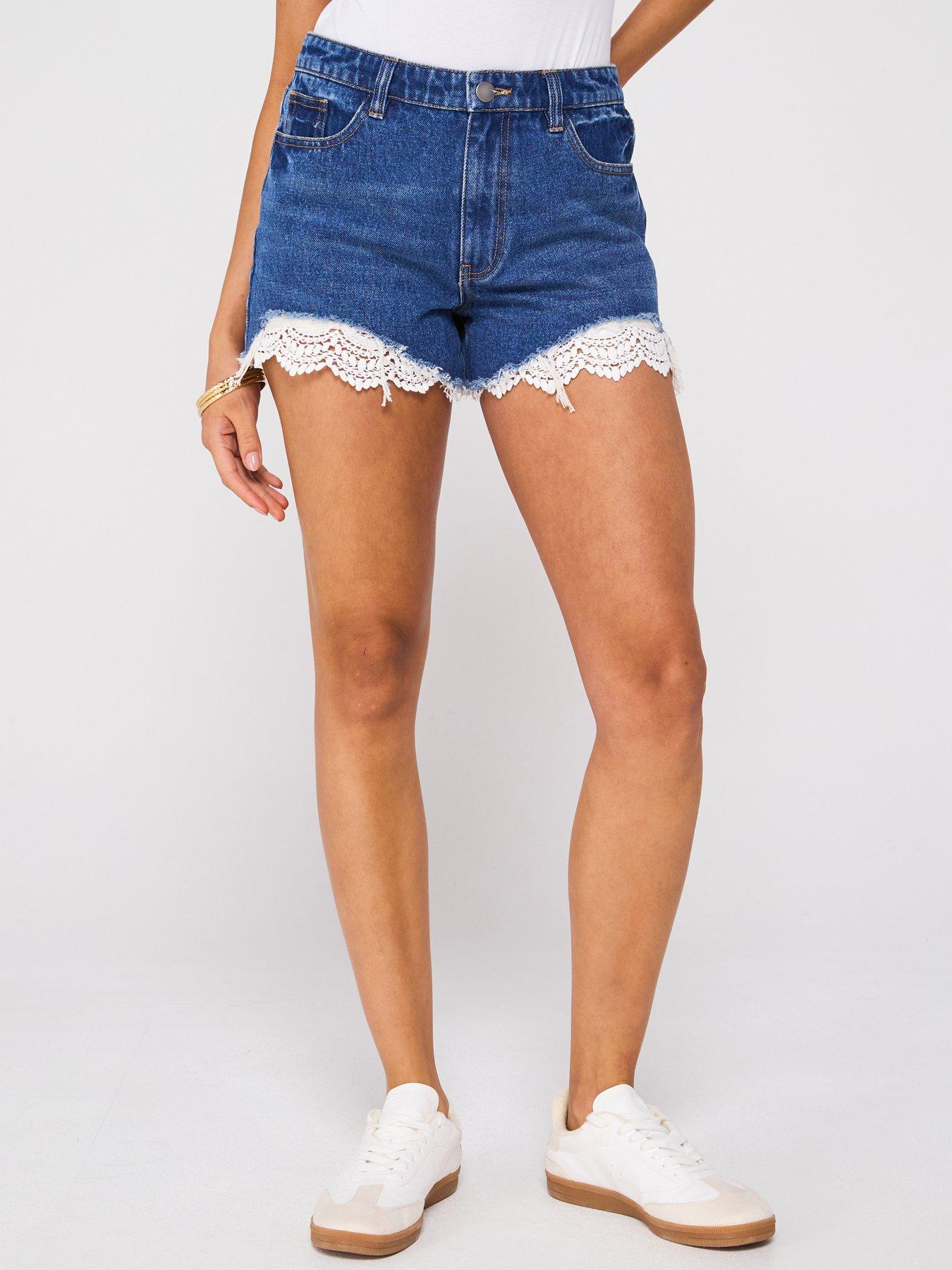 V by Very: Crochet Hem Denim Shorts - Mid Wash