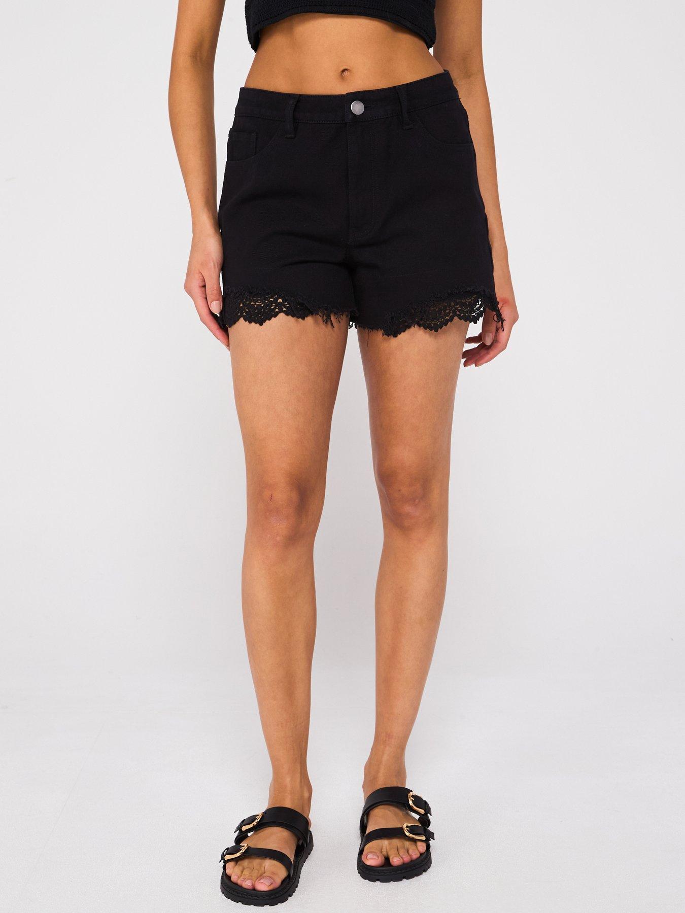 undefined Crochet Hem Denim Shorts - Black