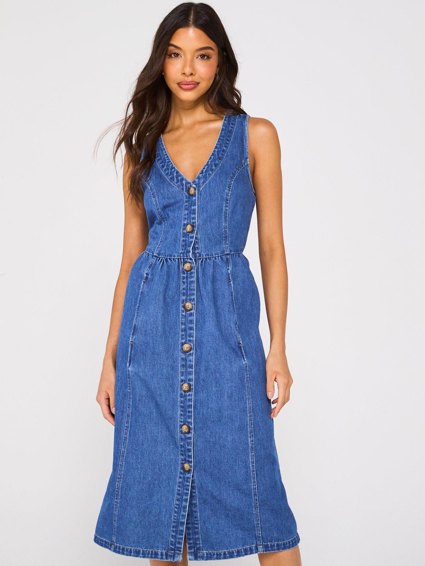 undefined Sleeveless V Neck Denim Midi Dress - Dark Wash