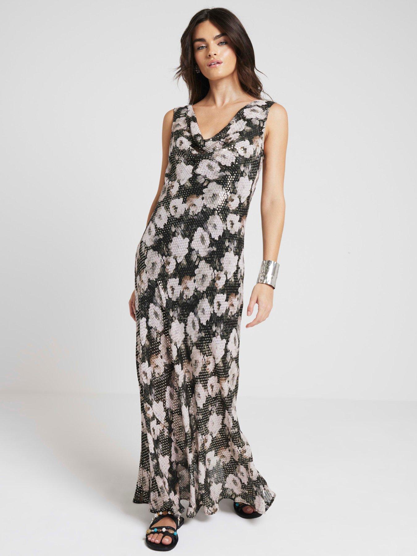 undefined Cowl Neck Floral Maxi Dress - Black