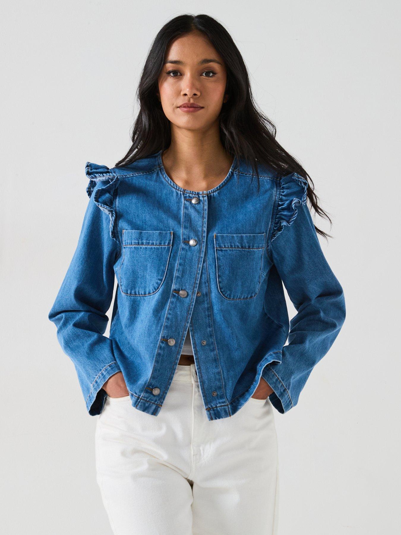 undefined Denim Ruffle Trophy Jacket  - Mid Wash
