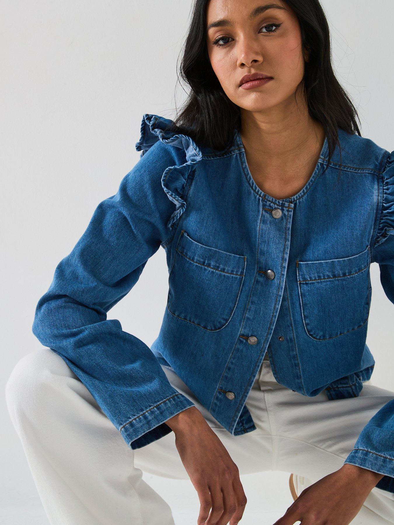 V by Very Denim Ruffle Trophy Jacket - Mid Wash | Very