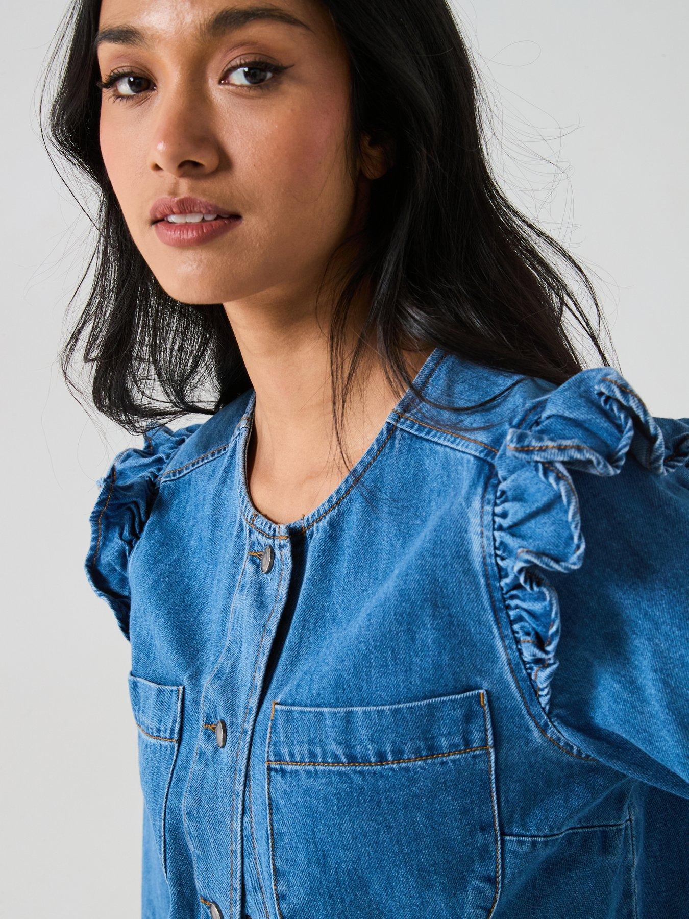 V by Very Denim Ruffle Trophy Jacket - Mid Wash | Very