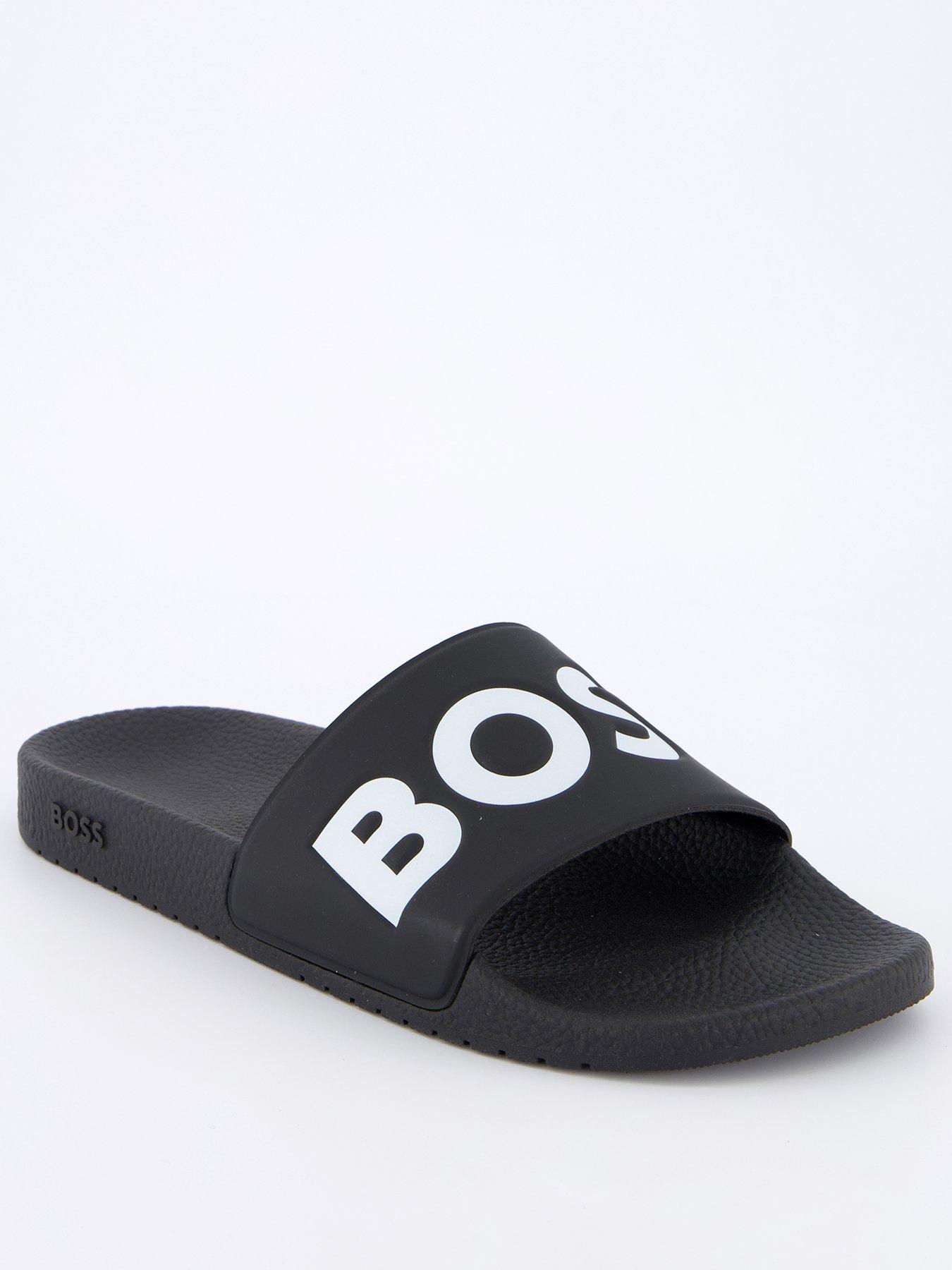BOSS Aryeh Contrast Logo Slide- Black/White, Black, Size 7, Men