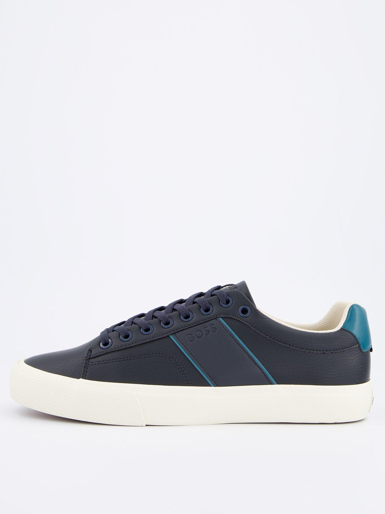 Image 1 of 7 of BOSS Aiden Pipe Trim Leather Lace Tennis Sneakers - Navy