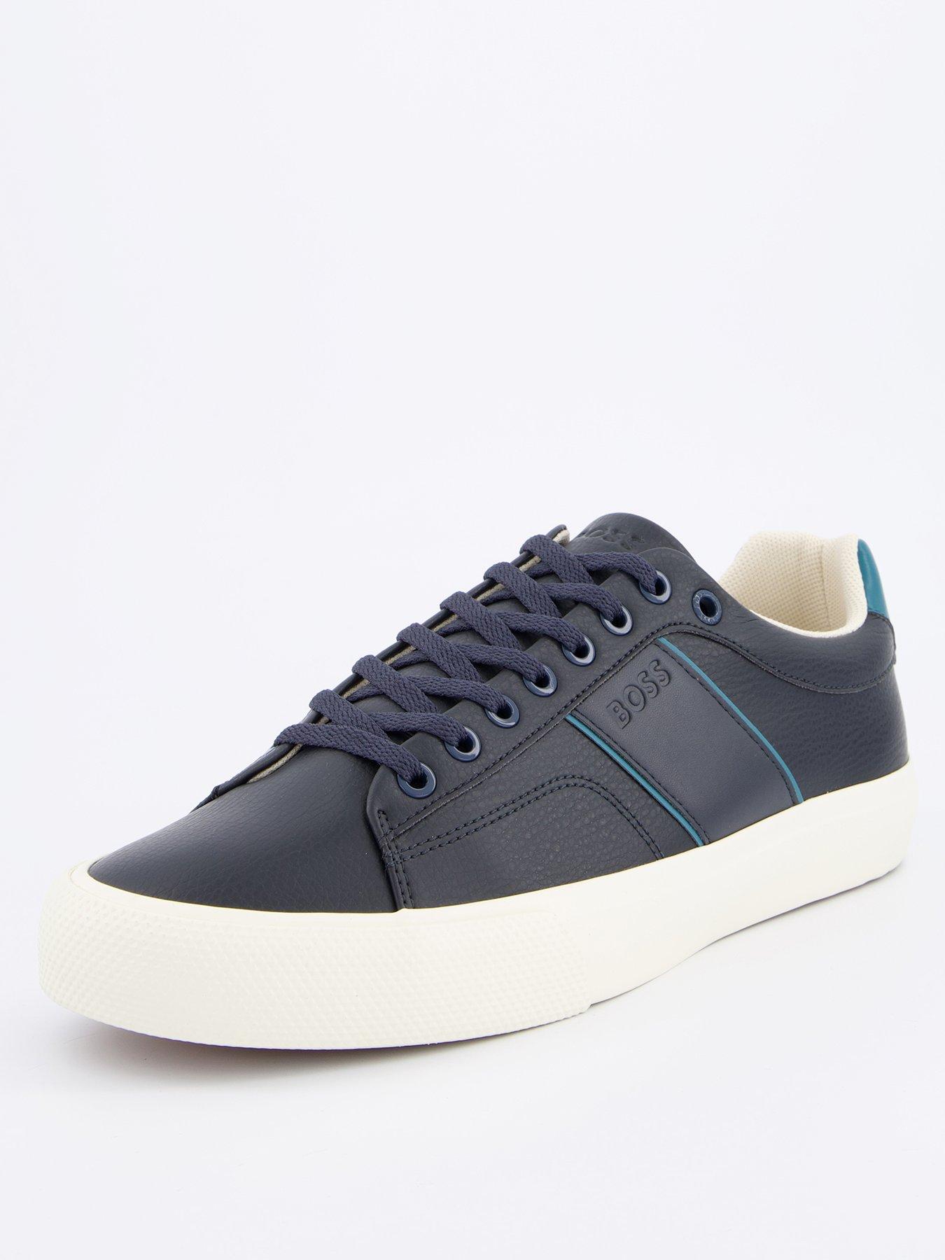 Image 2 of 7 of BOSS Aiden Pipe Trim Leather Lace Tennis Sneakers - Navy