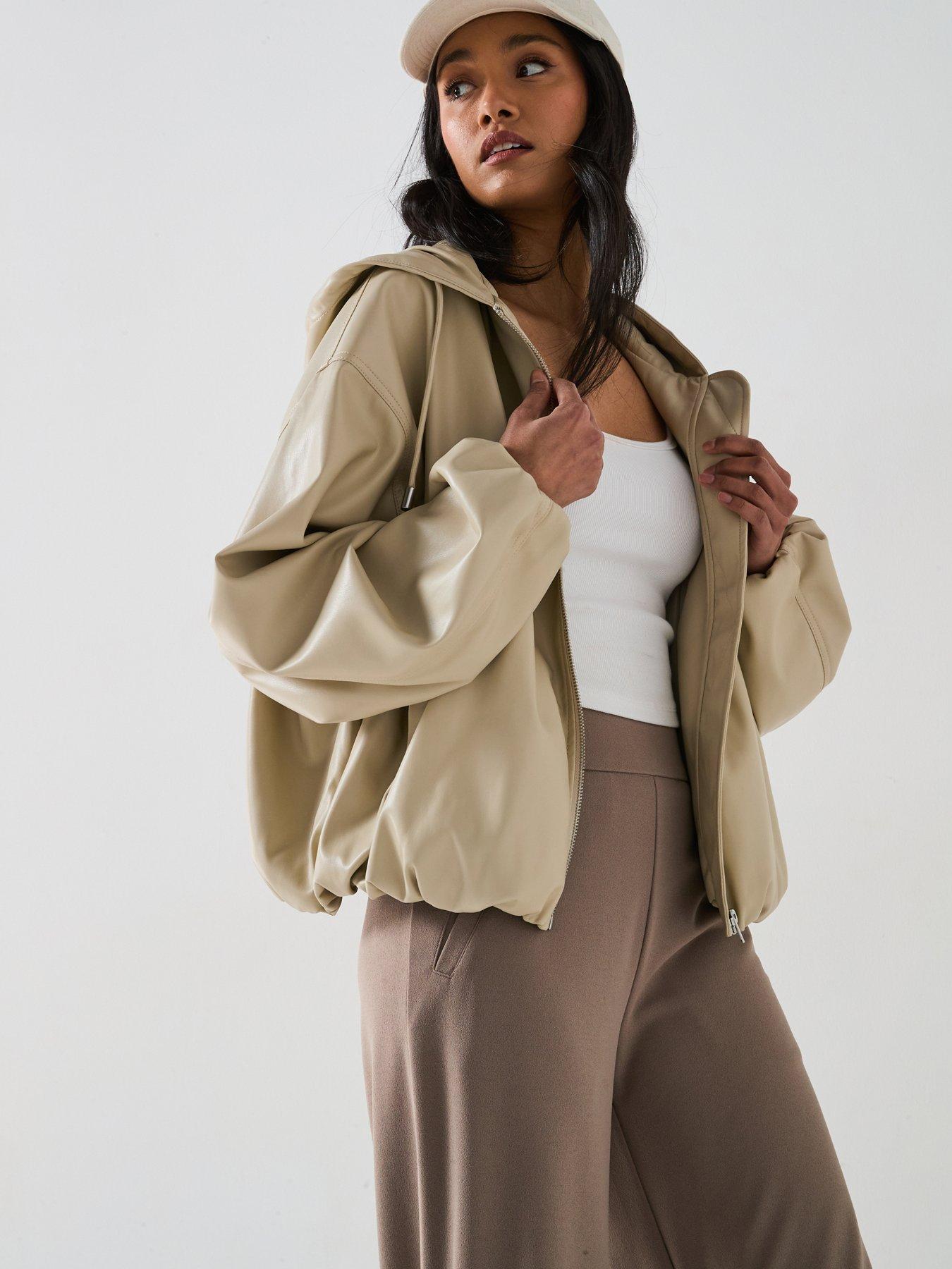 undefined Faux Leather Hooded Bomber Jacket - Cream
