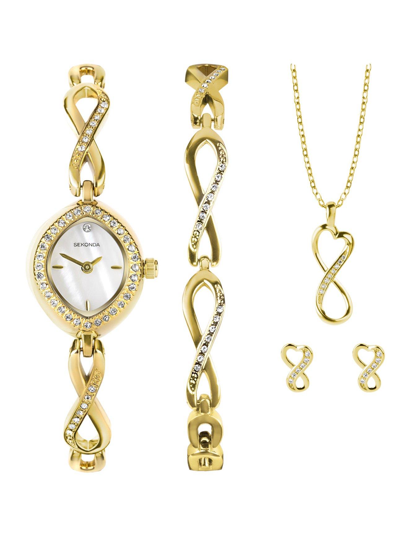 Product photograph of Sekonda Womens Infinity Gold Alloy Bracelet With White Dial Analogue Gift Set from very.co.uk
