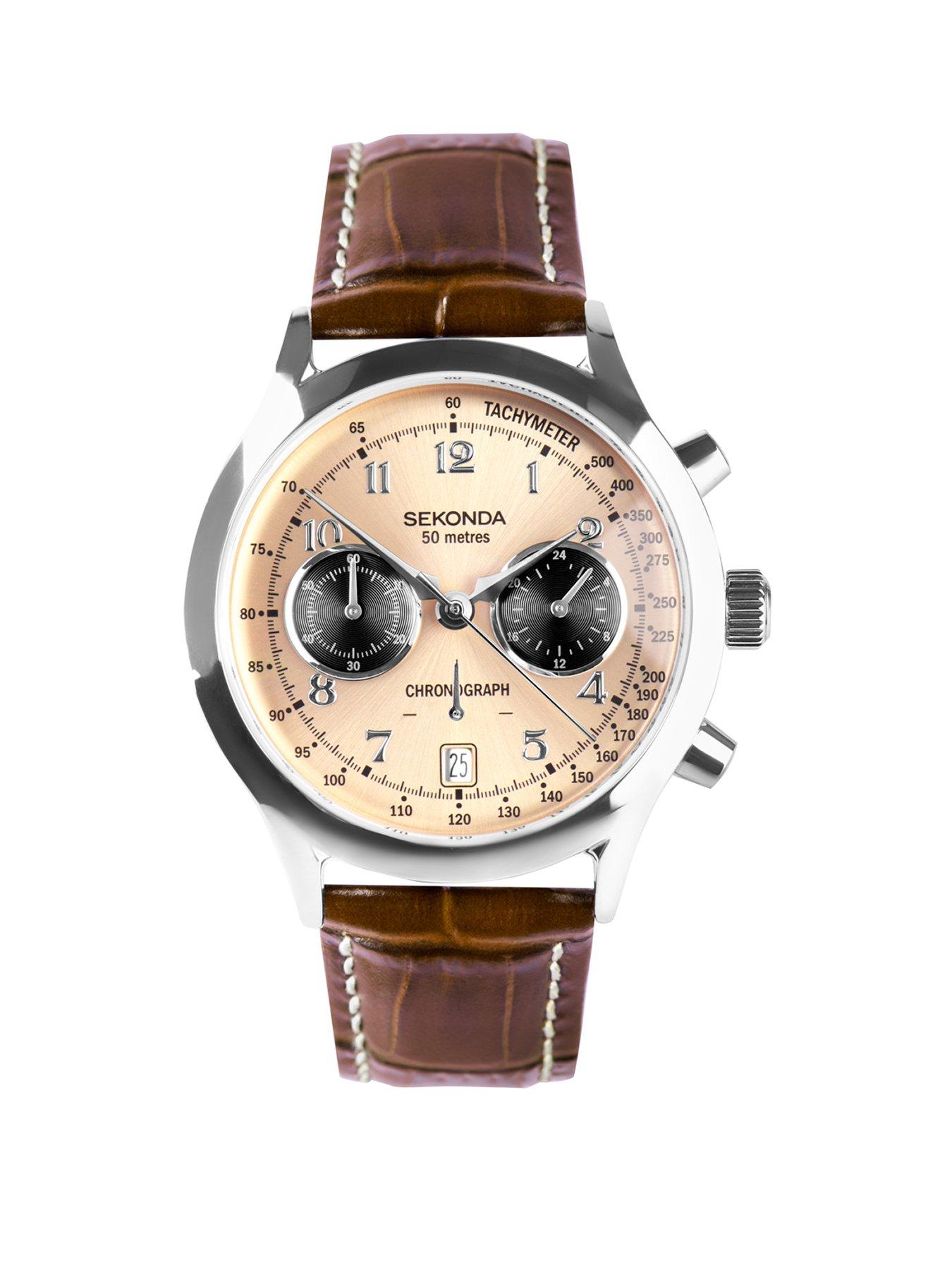 Product photograph of Sekonda Mens Archer Brown Leather Bracelet With Rose Gold Dial Chronograph Watch from very.co.uk