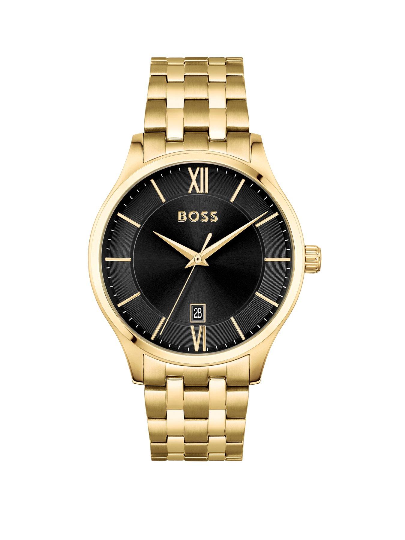 Product photograph of Boss Black Dial Gold Bracelet Watch from very.co.uk