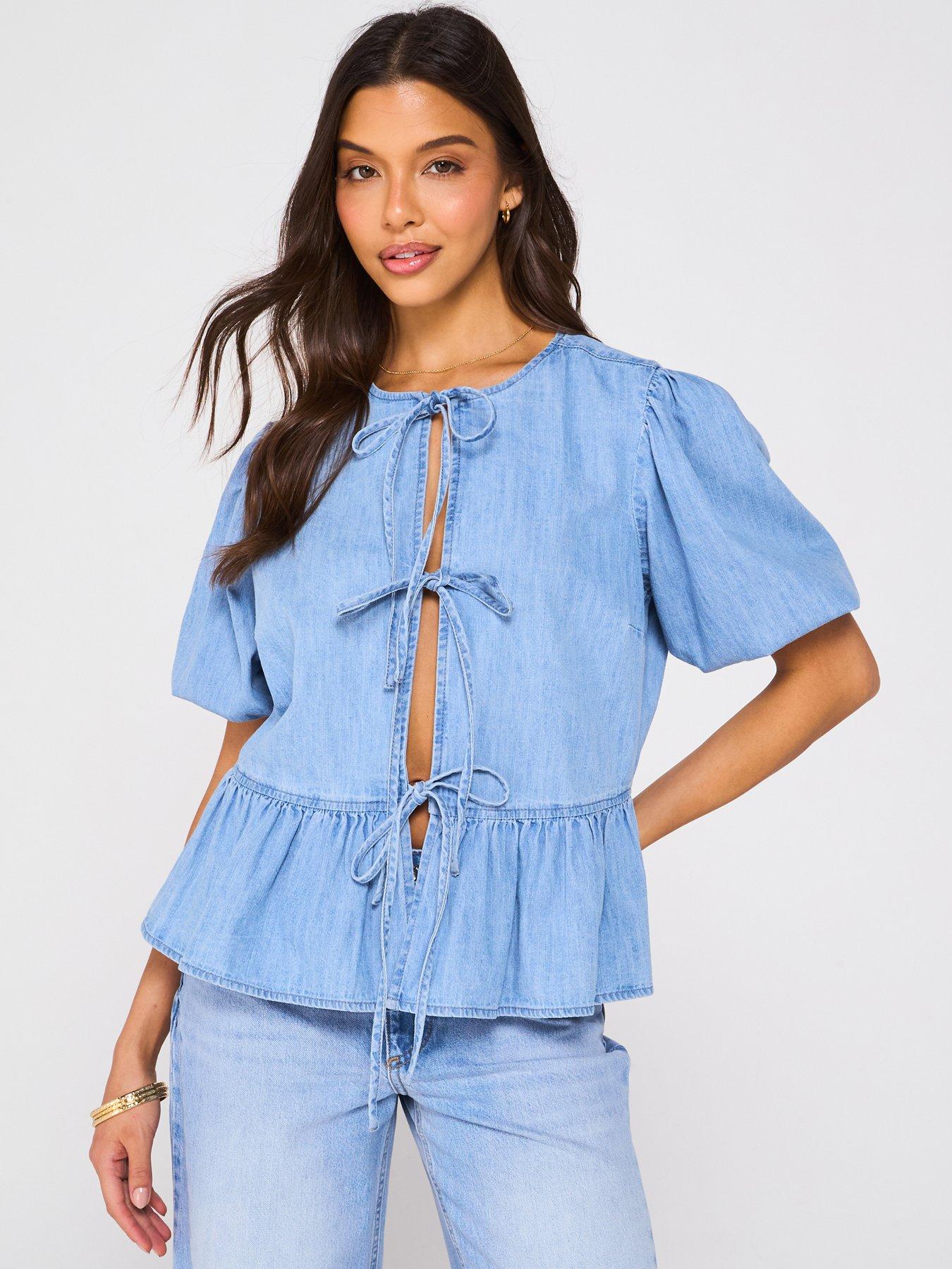 Image 1 of 6 of V by Very Denim Tie Front Top - Light Wash
