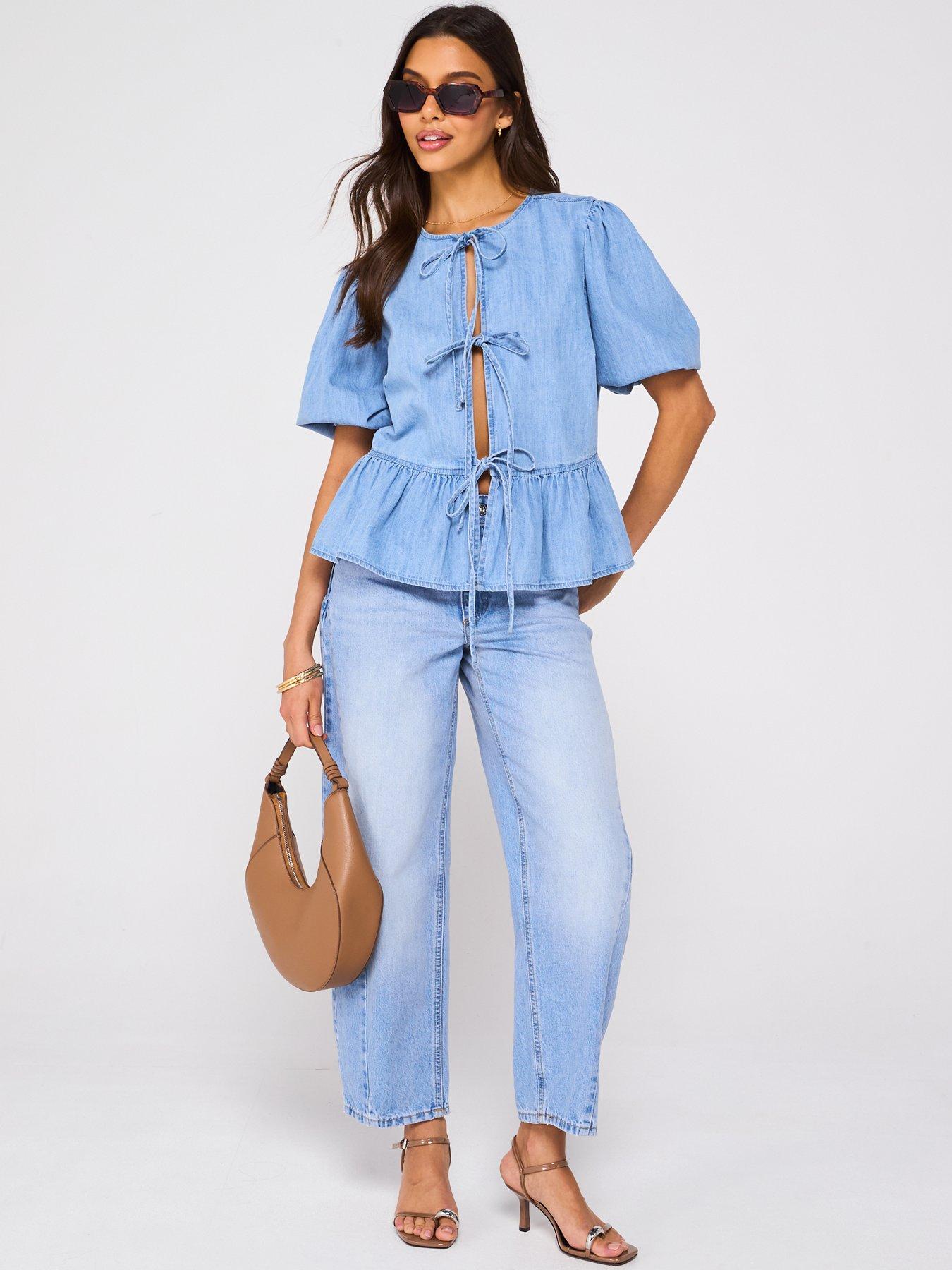 Image 3 of 6 of V by Very Denim Tie Front Top - Light Wash