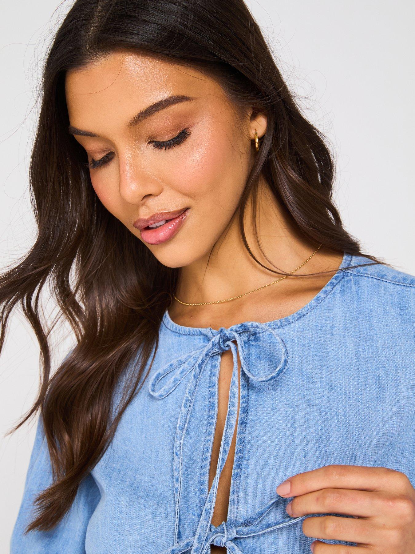 Image 4 of 6 of V by Very Denim Tie Front Top - Light Wash
